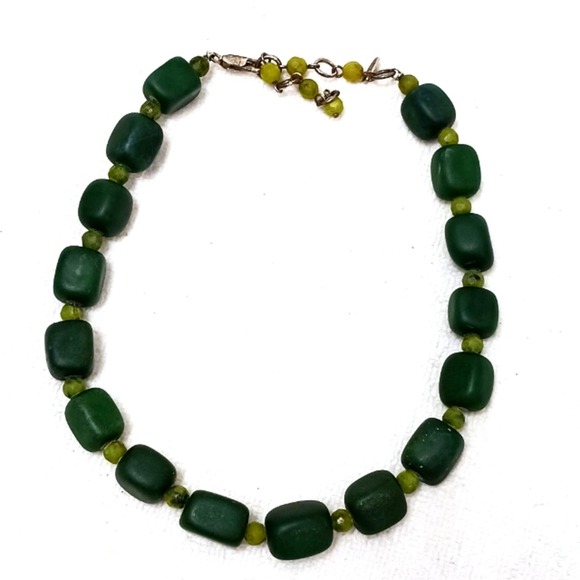 VNT RARE JADE Square Bead Necklace 925 Silver Dark Green + Light Green Beveled - Picture 1 of 14